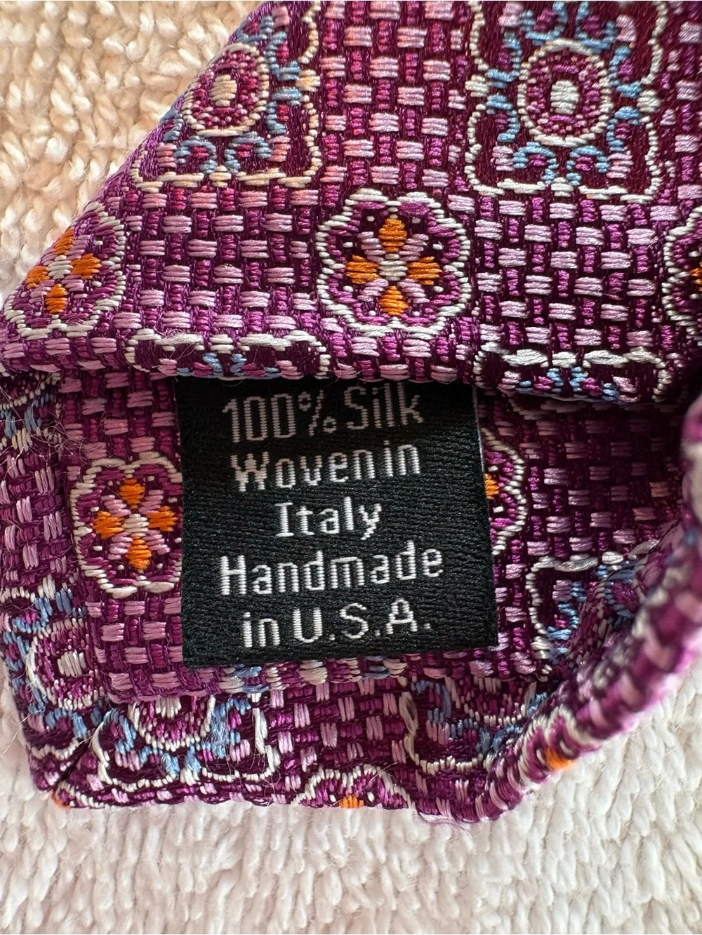 David Donahue Purple Geometric Silk Tie Blue Orange 3” Handmade USA